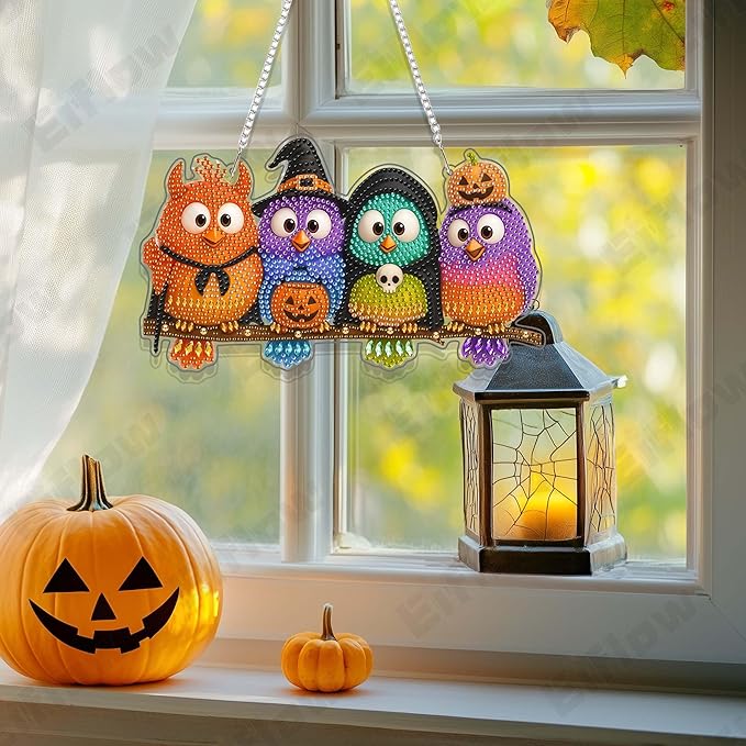 Eiflow Acrylic Diamond Art Hanging Kit for Adults Halloween Bird, DIY Thanksgiving Diamonds Painting Door Hanging Board Kit, Special Crystal Diamond Art Painting Pendant Ornament