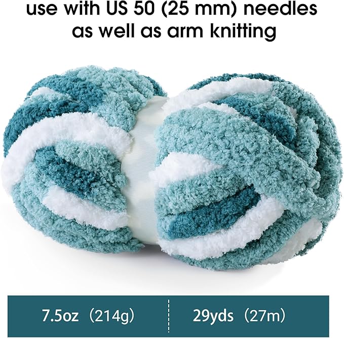 MABOZOO Tie Dye Chunky Yarn 8 Pack, Blue White Multi Fluffy Jumbo Chenille, Soft Plush Bulky, Giant Thick Fuzzy Yarn for Crocheting, Hand or Arm Knitting (26 yds, 7.5 oz Each Skein)
