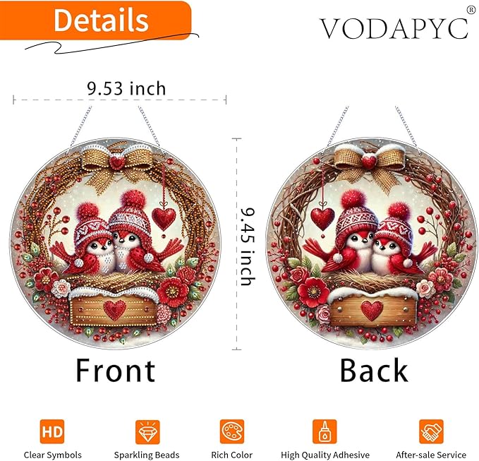 VODAPYC Valentine's Day Diamond Art Hanging Kit for Adults, DIY Double Sided Special Shaped Diamonds Art Window Pendant Ornament for Home Decor(Christmas Lovebird)