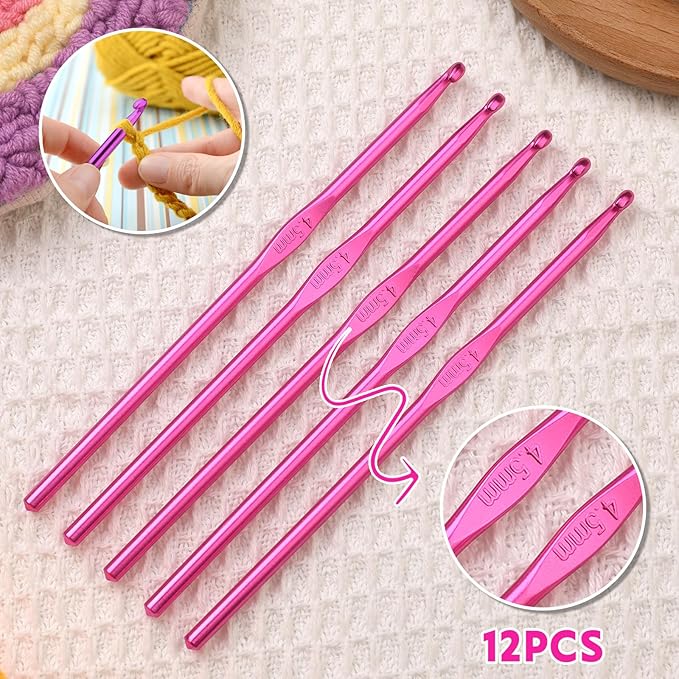 UzecPk 12Pcs 4.5mm Crochet Hook, US Size 7 Aluminum Crochets Hooks Craft Yarn, Crochet Hooks Bulk Crochet Needles for Crocheting Yarn, Metal Crochet Hook for Knitting Scarf Hat