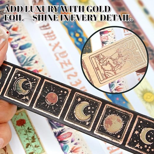 Gold Foil Washi Tape Set – 23 Rolls Tarot Washi Stickers Vintage Decorative Tapes for Journaling Supplies, Scrapbooking, DIY Crafts, Junk Journal, Craft Supplies(Celestial Symbols/ Starry/ Magic)