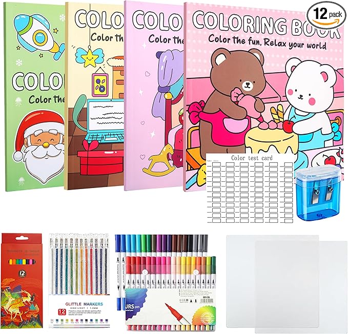 Cute Coloring Book Set for Teens Adults Relaxation, Easy and Simple Designs Coloring Book for Teens Girls, Stress Relief Gifts for Women with 36 Colors Markers & 12 Glitter Pens & 12 Colored Pencils