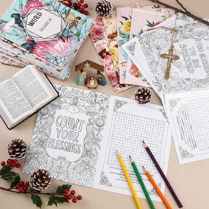 Liliful 144 Pcs Word Search Coloring Book Bulk for Adult Christian Easter Word Search Crafts DIY Drawing Book with Patterns for Party Favors, Goodie Bag Filler and Holiday Gifts