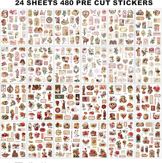 Vintage Ephemera Sticker Book 480 Pre Cut Washi Stickers for Journaling Junk Journal Sticker Book Scrapbooking Supplies Bullet Journal Supplies
