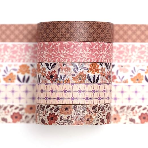 Fantasy Washi Tape Set - 5 Rolls Texture Arts Adhesive Tapes Basic Patterns Decorative Masking Tape Sets for Craft, Kids, Scrapbook, DIY, Gift Wrapping (8-Autumn Floral)