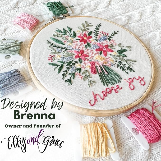 elly & grace christian embroidery kit with embroidery hoop, easy embroidery kit for beginners and adults, full embroidery hoop kit with needles and thread included (choose joy)