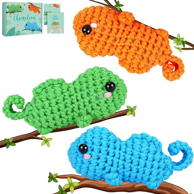 Fortuning's JDS Crochet Kit for Beginners - 3 PCS Baby Chameleon Crochet Kits with Step-by-Step Video Tutorials, Beginner Crochet Kit for Adults Kids, Chameleon Crocheting Set