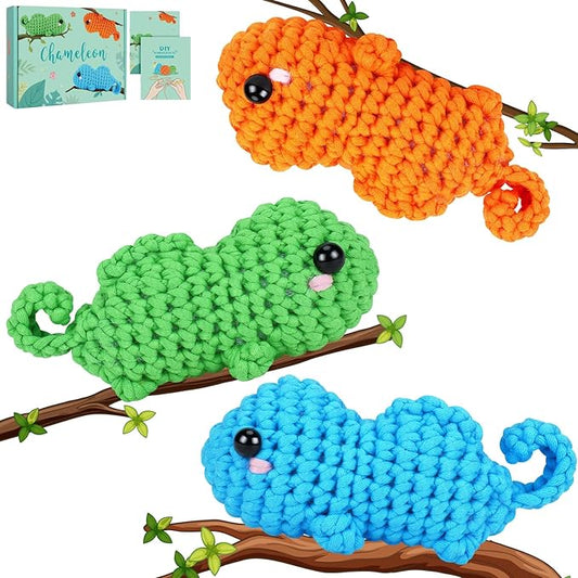 Fortuning's JDS Crochet Kit for Beginners - 3 PCS Baby Chameleon Crochet Kits with Step-by-Step Video Tutorials, Beginner Crochet Kit for Adults Kids, Chameleon Crocheting Set