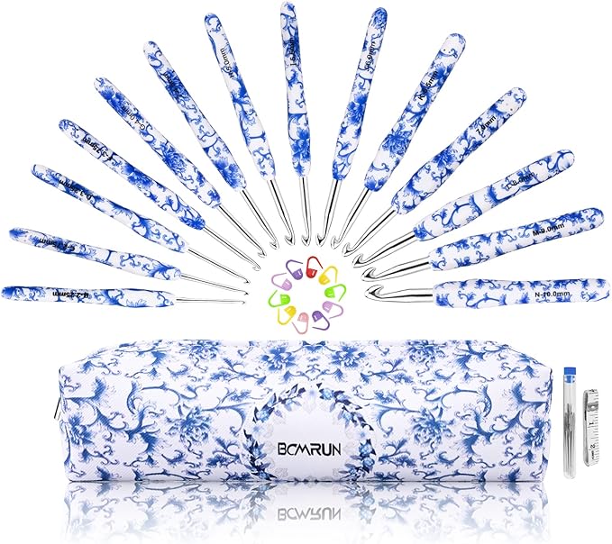 BCMRUN Crochet Hooks Set with Case 14 Size Blue and White Porcelain Pattern for Arthritis Hands, 2.25mm(B)-10mm(N) Crochet Needles for Beginners, Mothers Day Gift, Crochet Lovers (Azure)