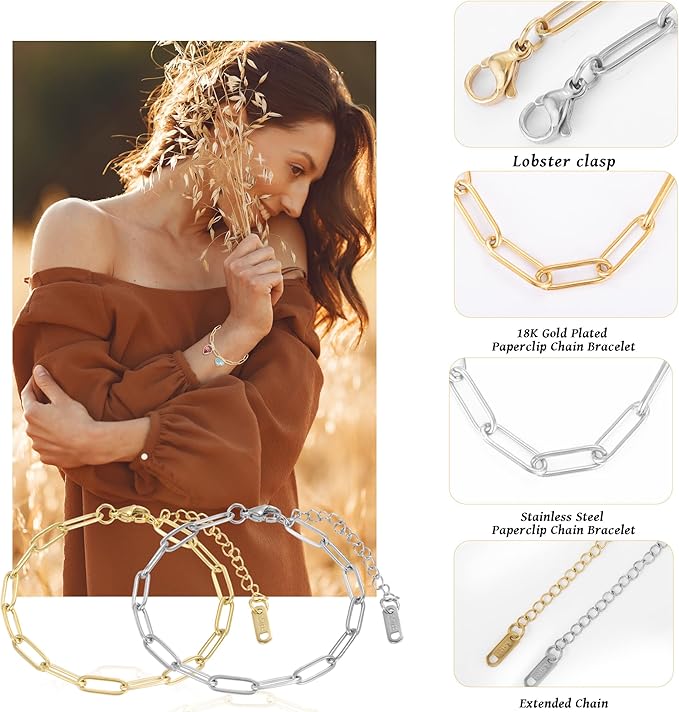 Wurosi 30PCS 18K Gold Plated Charm Bracelet Chains 6.3Inch Stainless Steel Bracelets Chain Bulk Link Bracelet with Lobster Clasps for Women DIY Bracelets Crafts Supplies(Gold+Silver)