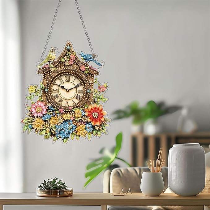 Bimkole Clock Diamond Art Hanging Kit for Adult, DIY 5D Diamond Art Flowers Window Pendant, Acrylic Crystal Art Hanging Ornament Home Wall Garden Front Door Sign Outdoor Decor 7.8x7.8 Inch