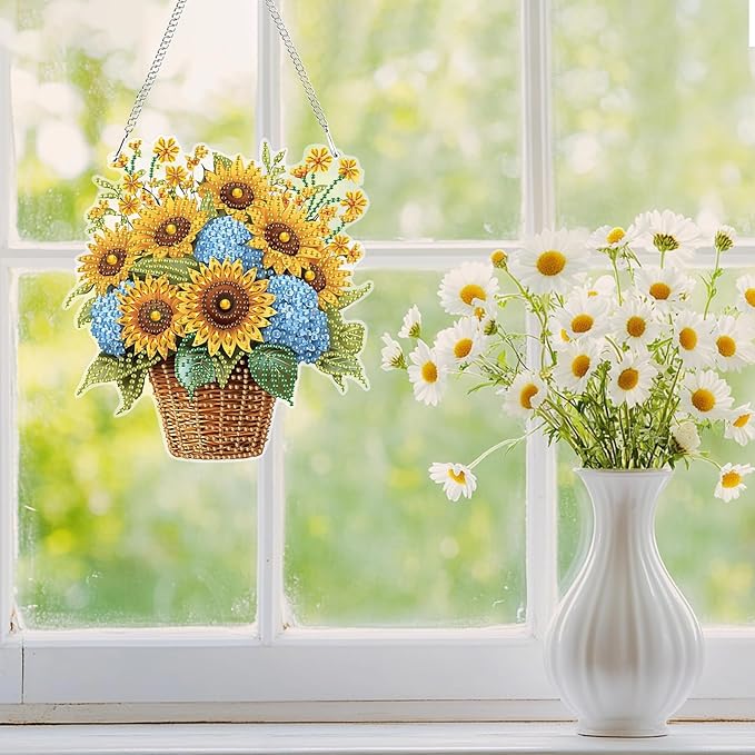 Genius maker Sunflowers Diamond Art Hanging Kits for Adults, Fall Special Shaped Diamond Painting Kits, DIY Acrylic 5D Crystal Diamond Gem Art Painting Hanging Ornament for Home Wall Decor