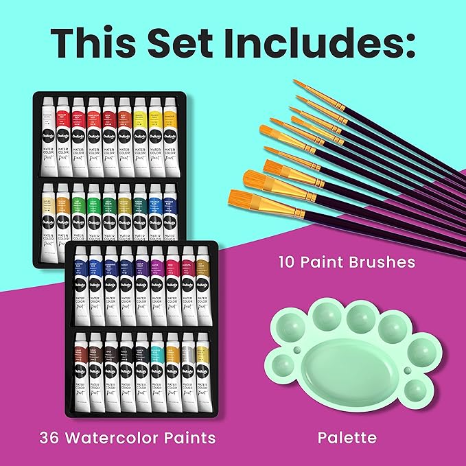 Chalkola Watercolor Paint Set for Adults & Professional Artists - 36 Watercolor Tubes Set (12ml, 0.4oz), 10 Painting Brushes & 1 Palette | Vibrant Water Color Art Painting Supplies