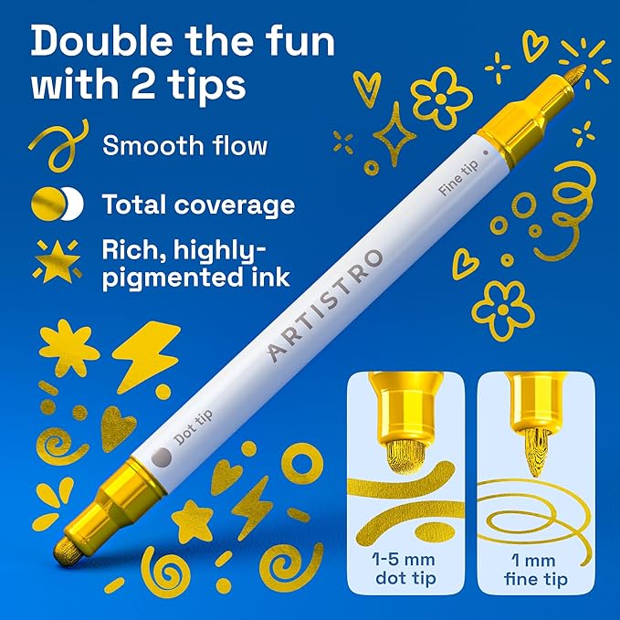 ARTISTRO 12 Gold Acrylic Paint Markers for Rock, Fabric, Wood, Glass, Eggs - Dual-Tip Paint Pens for Coloring Books for Adults, Teens, Kids - Art & Craft Supplies - Gift Idea - Easter Basket Stuffers