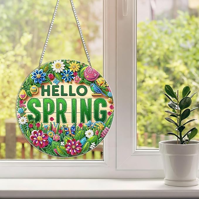 BAWKENTON Spring Hanging Diamonds Art kit for Adult, DIY Diamonds Painting Art Kit, 7.68x7.68in Acrylic Diamonds Painting Board Kit Ornament, Special Crystal Diamond Hanging Ornament
