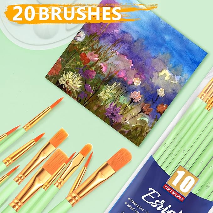 ESRICH Paint Brushes Set, 2 Packs 20 Pcs Acrylic Paint Brush Set, Acrylic Oil Watercolor, Face Nail Art, Miniature Detailing, Rock Painting,Painting Artist Professional Kits,Green