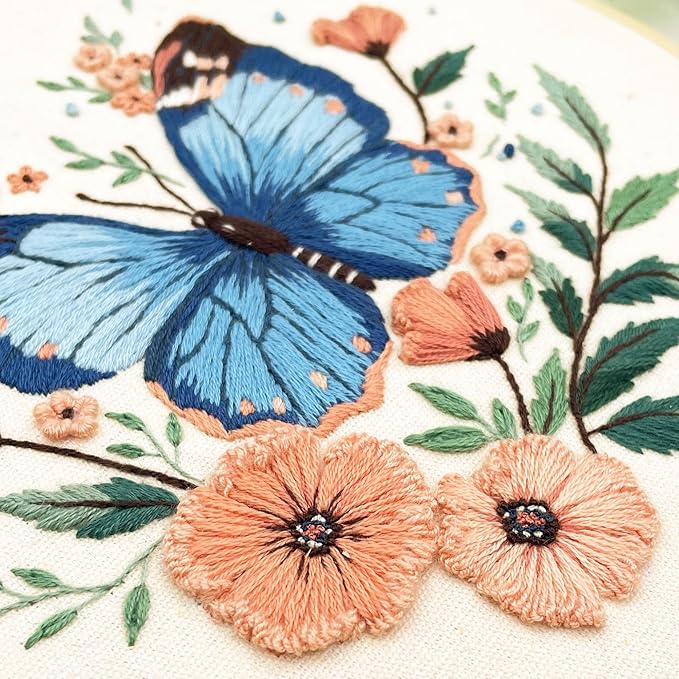 Silentsea Embroidery Kit, Floral and Nature Designs, 3-Pack with Hoops, Needlework Pattern Set (Butterfly)