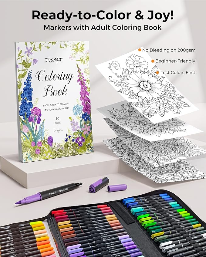 JusArt Markers for Adult Coloring Books No Bleeding, 80 Colors Coloring Markers with Dual Tips, Fine & Brush Pens with Ergonomic Triangle Grip & 33% More Ink, Water-Based Art Drawing Set for Adults