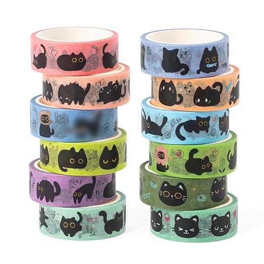 Black Cat Washi Tape - 12Pcs Cute Trendy Black Cat Design Cute Eco-Friendly Masking Tape Decorative DIY Crafts Artist Tape Set School Office Journal Kids Art Supplies Gift Wrapping