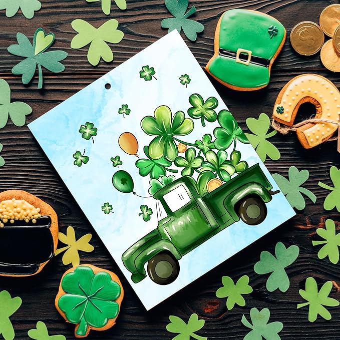 COCHIE 10 Pieces Large St. Patrick's Day Unfinished Wood Crafts to Paint for Adults, Bulk Predrilled Wooden Ornaments for Painting, Pot of Gold Paintable Wood Slices Craft Supplies with Ropes