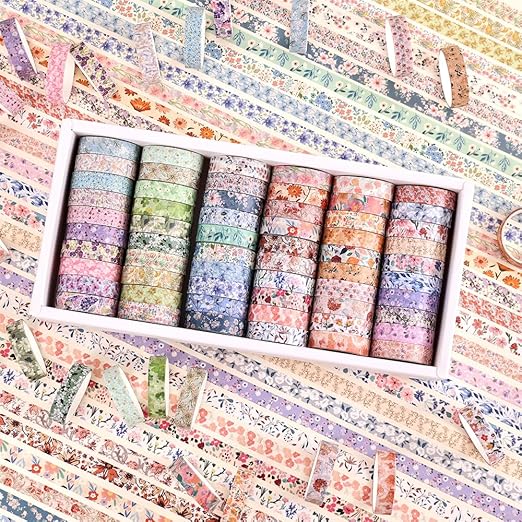 60 Rolls Flowers Theme Washi Tape Set with Different Colorful Patterns, Writable Decorative Tapes for Scrapbooking, Junk Journal Supplies, Bullet Journaling, 0.39'' x 79'' per Roll