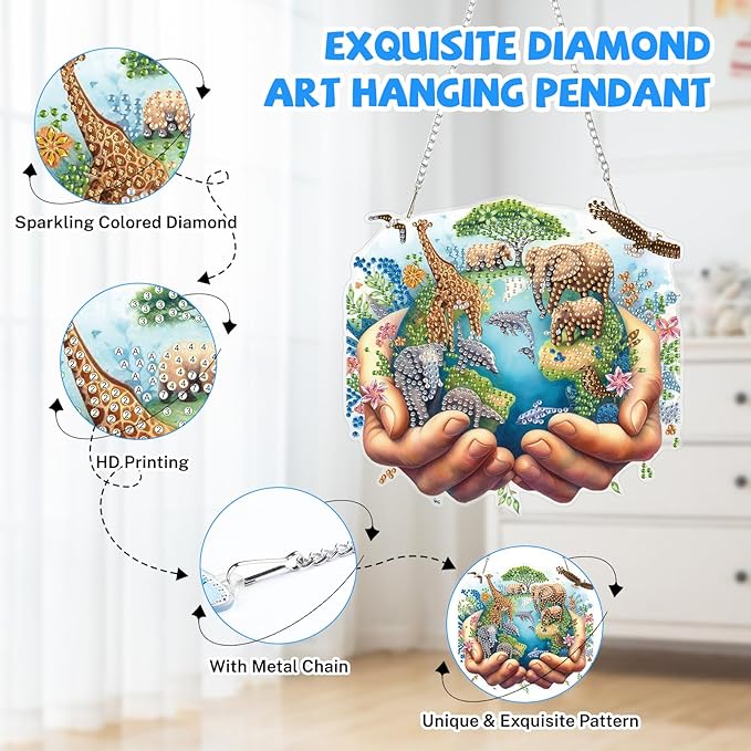 Bowetile Protect the Earth Diamond Art Hanging Kits for Adults, Diamond Art Suncatchers Earth, 5D Special Shape Diamond Painting Pendant Window Ornament Gifts for Home Wall Garden Decor
