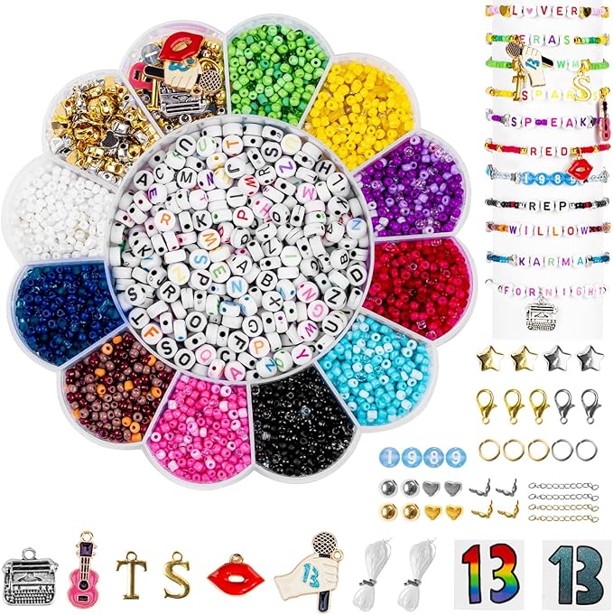 Goldwise ERAS-Inspired Friendship Bracelet Making Kit, 30 Colors 3mm Glass Seed Beads for Jewelry Making, A–Z Letter Beads with Charms & 13 Tattoo Stickers, Album Color Collection Gift Set