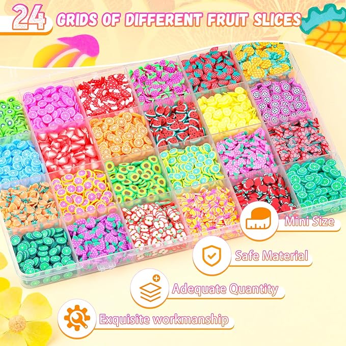 24-Grid TINKRSTUFF Fruit Slice Polymer Clay Slime Add Ins for Nail Art Fimo, Fake Sprinkles Scrapbooking Embellishments & Lip Gloss, Bulk Slime Mix Ins Assorted Fruits Accessories for DIY Crafting