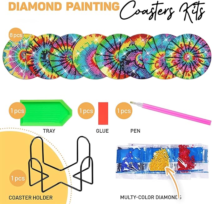 8 pcs Diamond Painting Coasters | Diamond Art Coasters | Tie Dye Diamond Art Painting | Perfect Art Craft Gift for Tie Dye Lover, Dad, Mom, Grandparents, Brother, Sister.
