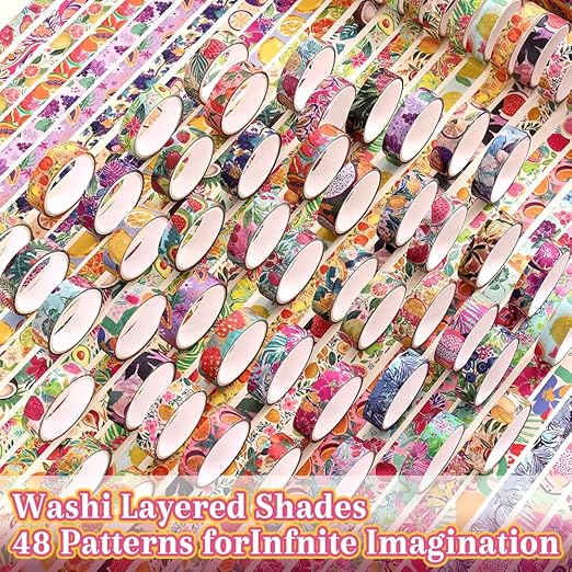 48 Rolls Fruit Theme Washi Tape Set, Writable Decorative Tapes for Scrapbooking, Junk Journal Supplies, Bullet Journaling, 0.39"x79" per Roll