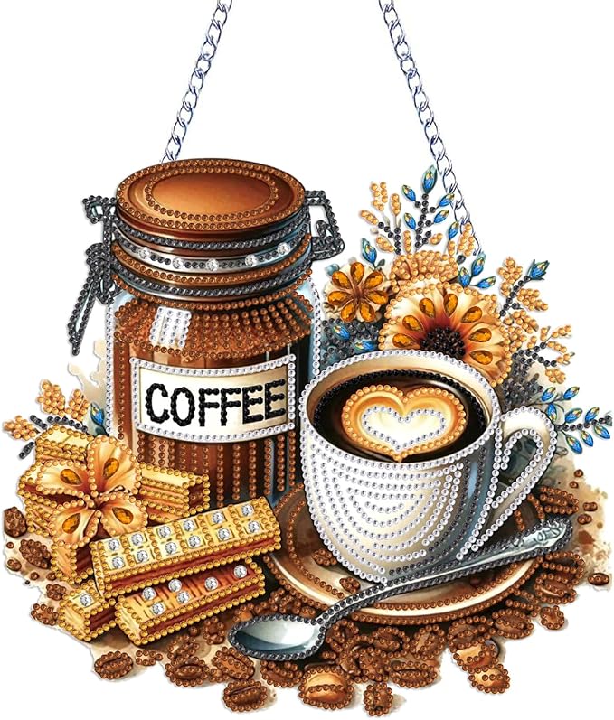 STGLCR Coffee Diamond Art Painting Pendant Kits 5D Diamond Art Hanging Kit DIY Crystal Diamond Painting Double Sided Ornament Pendant Board Kit Gift Wall Home Christmas Decor