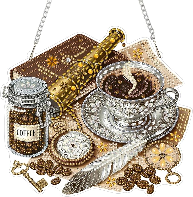 CEOVR Coffee Hanging Diamond Art for Adults, Coffee Diamond Painting Pendant DIY Gem Art Wall Hanging Ornament, Acrylic Home Garden Decor with Chain, Box Kit 7.81×6.92inch