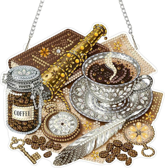 CEOVR Coffee Hanging Diamond Art for Adults, Coffee Diamond Painting Pendant DIY Gem Art Wall Hanging Ornament, Acrylic Home Garden Decor with Chain, Box Kit 7.81×6.92inch