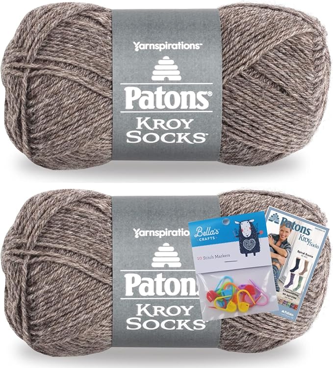 Patons Kroy Socks Yarn 2-Pack Bundle with Bella's Crafts Stitch Markers (Flax)