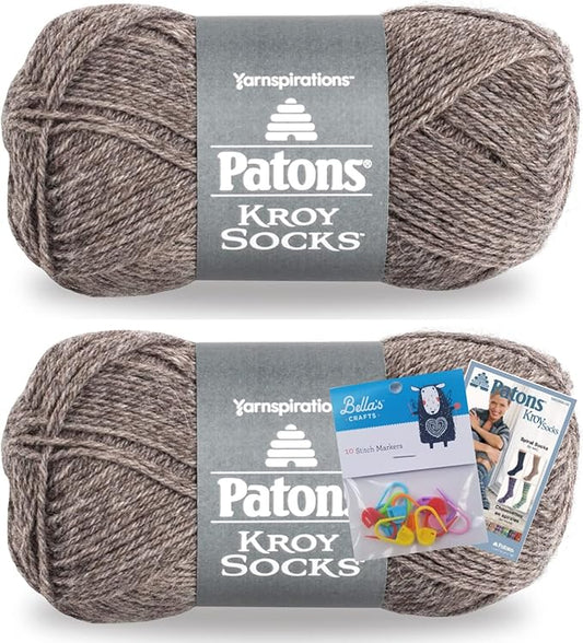 Patons Kroy Socks Yarn 2-Pack Bundle with Bella's Crafts Stitch Markers (Flax)