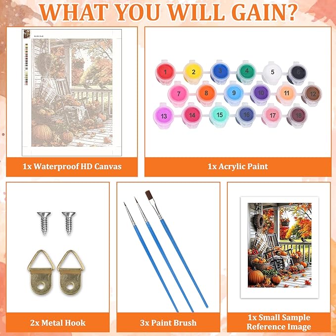 MAXBYE Paint by Numbers, Autumn Porch Adults' Paint by Number Kits, DIY Acrylic Paint Kit for Adults Beginners Unframed, Pumpkins Easy Oil Paint by Numbers Canva for Home Wall Decor 12x16inch