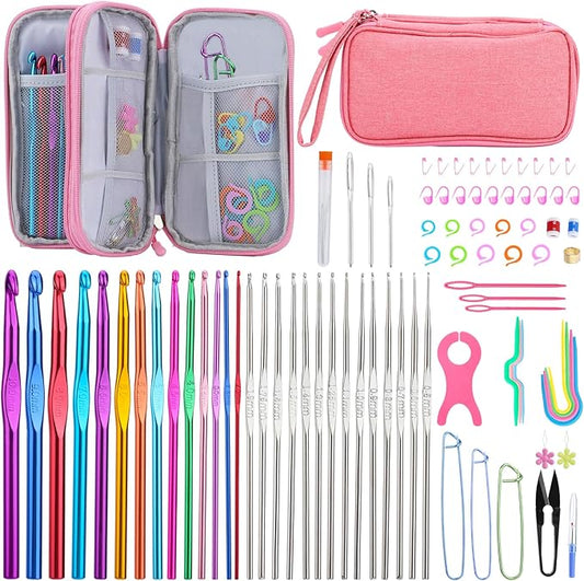 IMZAY Crochet Hooks Set for Beginners, 90Pcs Ergonomic Crochet Kit with Case, Stitch Markers & Blunt Needles, Arthritis-Friendly, Complete Knitting Accessories for Crochet Lovers