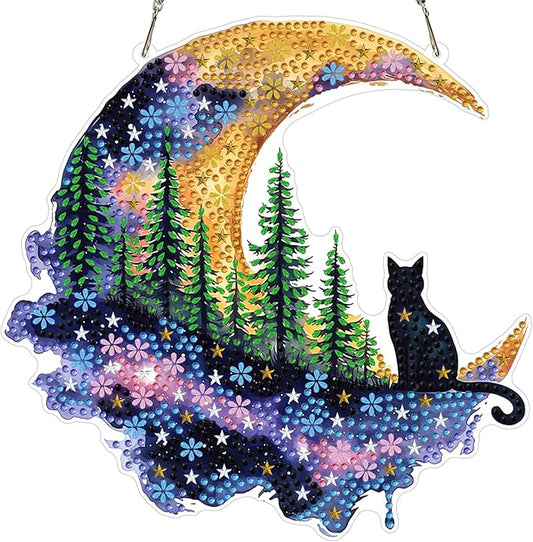 MXJSUA Forest Moon Cat Diamond Painting Art Window Suncatchers, Diamond Art Kits for Adults Hanging Ornaments with Chain, 5D Special Shape Crystal Diamond Pendant Accessories for Decor Gift 8x8 Inch
