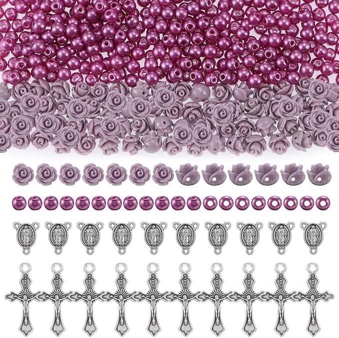 610Pcs Rosary Jewelry Making Kit, Rosary Pearl Beads Carved Rose Beads Rosary Cross Centerpiece Crucifix Medal, Rosary Prayer Making Supplies First Communion Necklace Bracelet Jewelry Making (Purple)