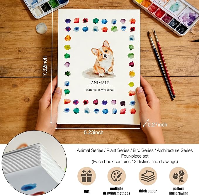 Watercolor Workbook, 100% Cotton Watercolor Paper Pad Set – 4 Pack (52 Sheets), 5.4" x 7.4" Cold Press 140lb / 300gsm Glue Bound Art Paper for Adults, Beginners & Daily Practice