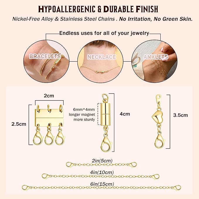 KRFY Extra Strong Magnetic Necklace Clasps and Closures, Necklaces Separator for Layering Stacks, Necklace Chain Extenders for Women, Magnet Detangler Clasp Bracelet 10Pcs 16K Gold Plated