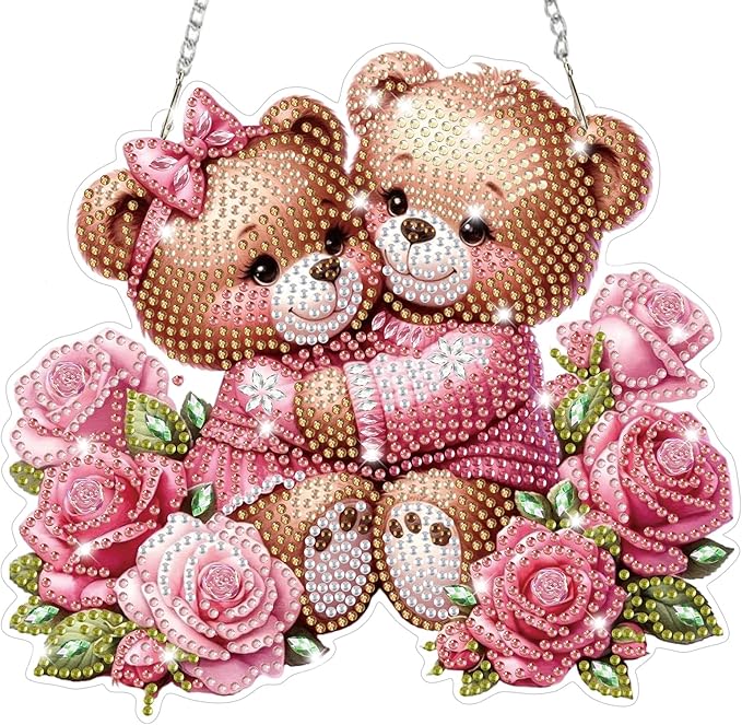 Bowetile Valentine's Day Diamond Art Hanging Kits for Adults, Diamond Art Suncatchers Couple Bear, 5D Special Shape Diamond Painting Flowers Pendant Window Ornament Gifts for Home Door Wall Decor