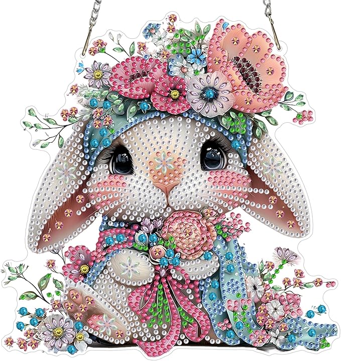 MXJSUA Diamond Art Hanging Kits for Adults Beginners, DIY Acrylic 5D Special Shaped Crystal Diamond Gem Art Painting Hanging Ornament for Home Wall Decor and Gift (Easter Bunny Flowers)