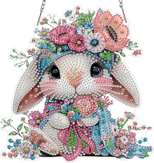 MXJSUA Diamond Art Hanging Kits for Adults Beginners, DIY Acrylic 5D Special Shaped Crystal Diamond Gem Art Painting Hanging Ornament for Home Wall Decor and Gift (Easter Bunny Flowers)