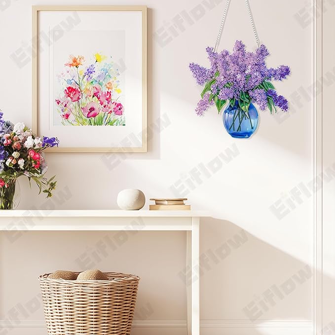 Eiflow DIY Hanging Diamond Art Kit Violet Flower, Acrylic Diamonds Painting Pendant Board Kit Flower, 5D Gem Art Ornament Kit for Adults, Double Sided