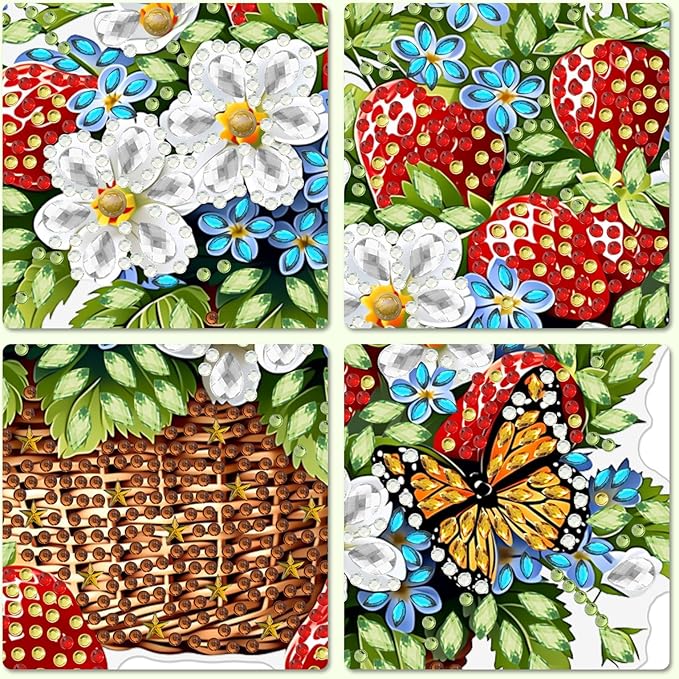 MXJSUA Strawberries Flowers Diamond Painting Art Window Suncatchers, Diamond Art Kits for Adults Hanging Ornaments with Chain, 5D Special Shape Crystal Diamond Pendant Accessories for Decor Gift