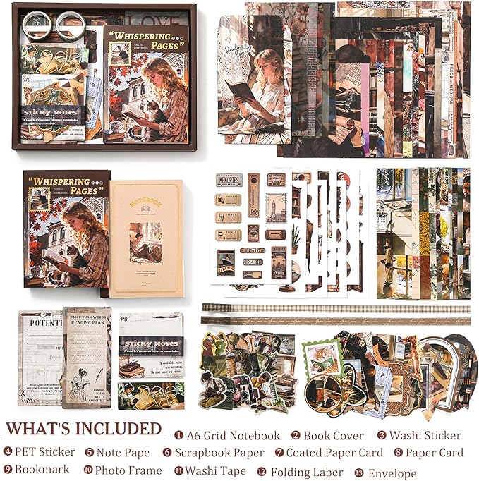 Scrapbook Supplies Kit, Cottagecore Aesthetic Junk Journal Kit, Scrapbooking Kit with Bullet Journaling Stickers, Stationary Set, Vintage Ephemera Collage Craft Supplies Gift for Adults Women Beginner
