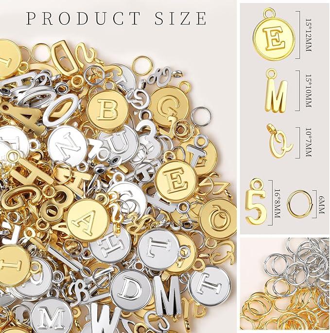 LEOBRO Letter Charms, 376 Pcs Gold & Silver Charms for Jewelry Making, Necklace, Bracelet, Jewelry Making Supplies, with Jump Rings