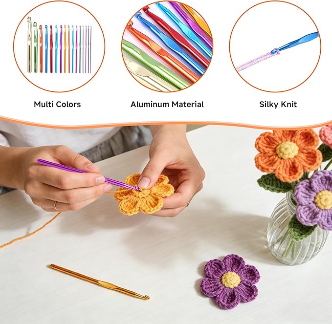 GKINIKG Large Aluminum Crochet Hooks Huge Metal Crochet Hook Set - 16Pcs Crochet Needles for Thick Bulky Yarn Blankets - Beginners Big Crochet Set Size 2mm-6.5mm 7mm 8mm 9mm 10mm 12mm 15mm