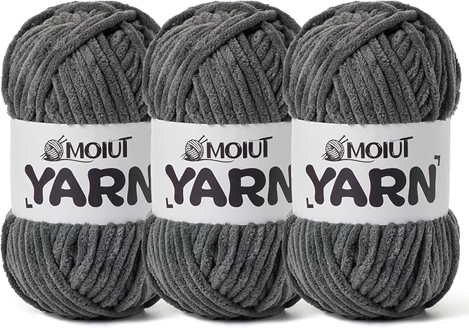 3 Pack Fluffy Chenille Yarn for Crocheting, Chunky Velvet Yarns for Crochet Amigurumi, Baby Yarn for Crocheting Soft Blanket, 262.4yds /10.5 oz Bulky Yarns for Crafts/Hats/Shoes/Socks (3 Dark Gray)